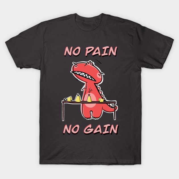 Funny Red T-Rex Practicing Handbells "No Pain, No Gain" T-Shirt by SubtleSplit